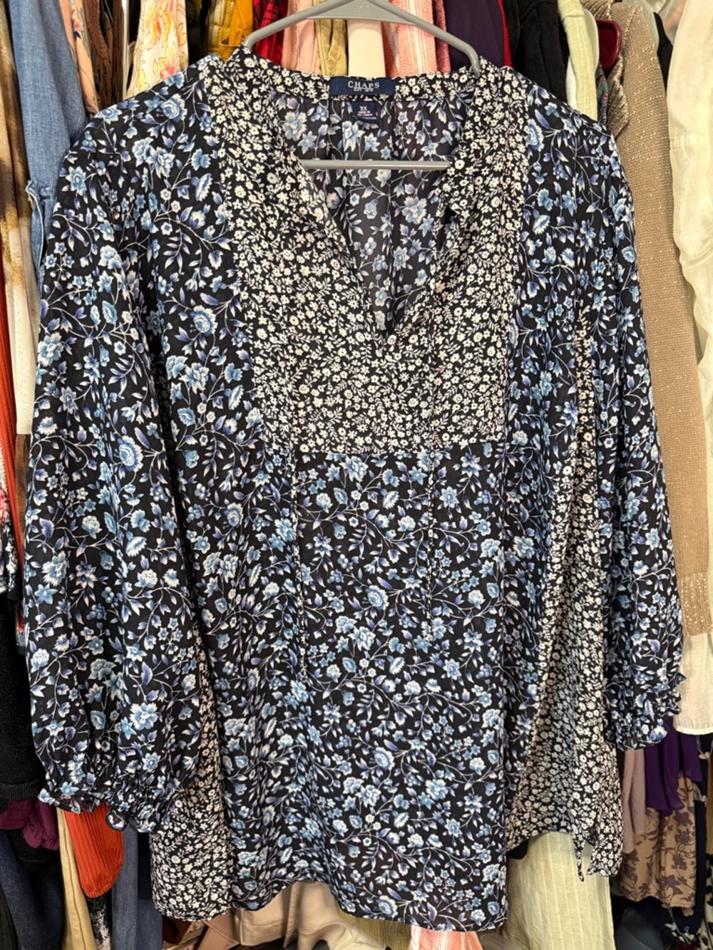 Chaps Black Tunic with Light Blue Floral Print V-Neck
